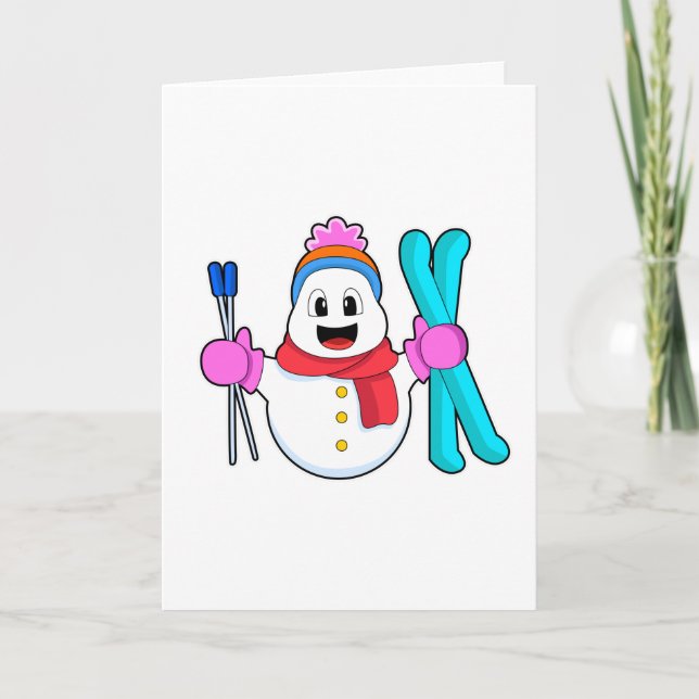Tarjeta Snowman como esquiador con esquí (Anverso)