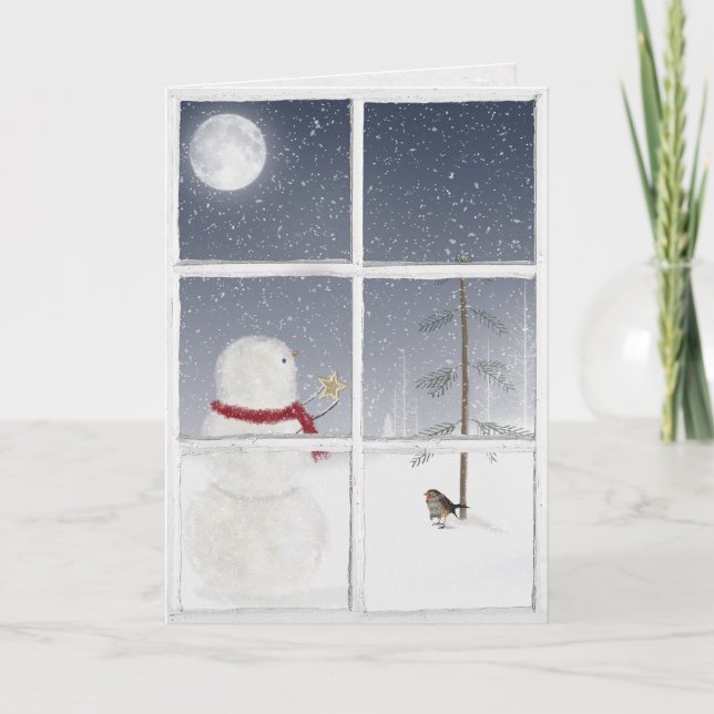 Tarjeta snowman con Navidades de oro estrella en ventana (Anverso)