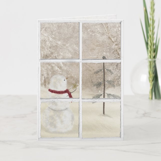 Tarjeta snowman con Navidades de oro estrella en ventana (Anverso)