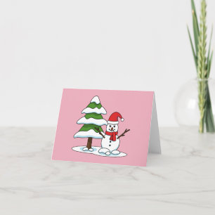 Tarjeta Snowman con un árbol de pino con nieve
