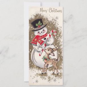 Tarjeta Snowman de la época de los 50 con bebe venado