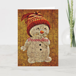 Tarjeta Snowman en burlap lindo invierno rústico de campo