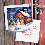 Tarjeta Snowman en un Navidad de una granja de cosechas de<br><div class="desc">Dulce muñeco de nieve a la antigua en una noche de invierno en una granja rústica.</div>