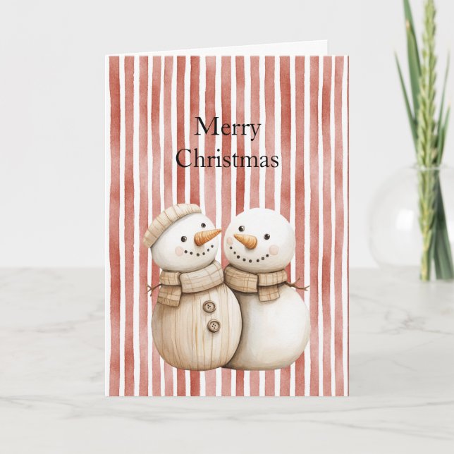 Tarjeta Snowman Snow Couple Red Stripes Christmas  (Anverso)