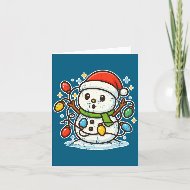 Tarjeta Snowman Tangled In Holiday Lights Premium Tri-blen (Anverso)