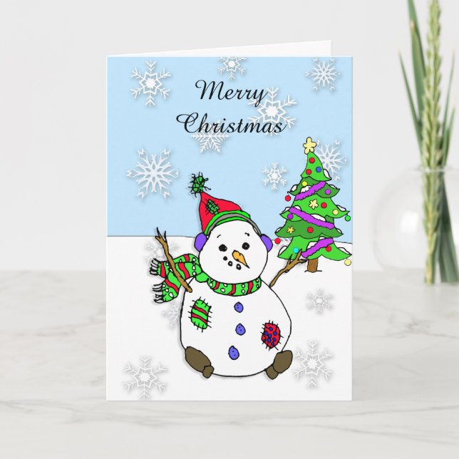 Tarjeta Snowman y el árbol navideño de las copas de nieve (Anverso)