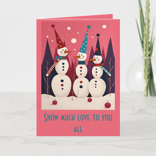 Tarjeta Snowmen Three Ice Men Pink Theme Kitschmas (Anverso)