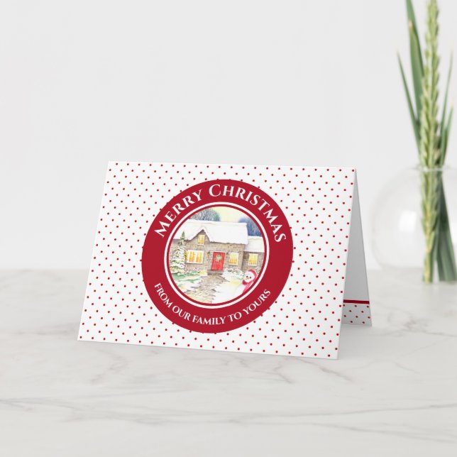 Tarjeta Snowowowley Cottage Feliz Navidad a nuestra famili (Anverso)