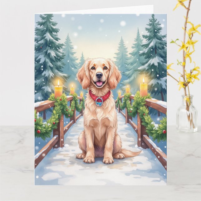 Tarjeta Snowy Bridge Boykin Spaniel Christmas Art (flor amarilla)