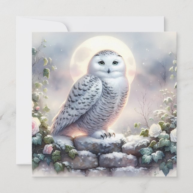 Tarjeta Snowy Owl in Moonlit Winter Garden (Anverso)