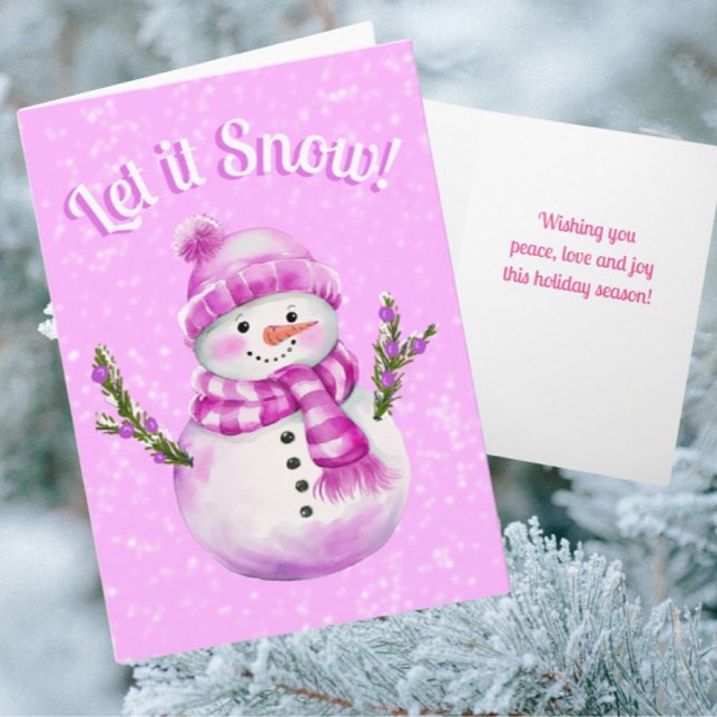 Tarjeta Snowy Pink White Snowman Personalized (Personalize this card with your own message on front and inside)