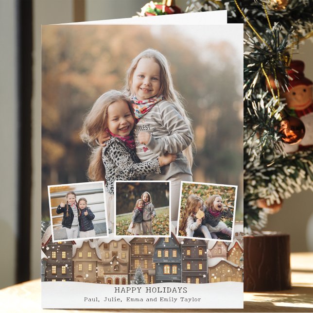 Tarjeta Snowy Winter Village Cuatro Collages de fotos (Subido por el creador)