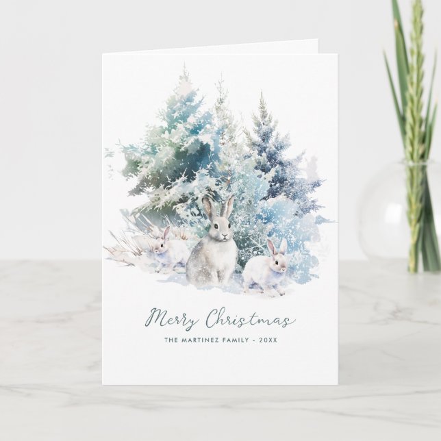 Tarjeta Snowy Woodland Pine Rabbit Merry Christmas plegado (Anverso)