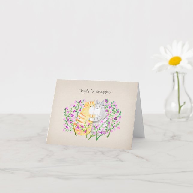 Tarjeta Snuggling Cats in Floral Garden Cute I Love You (Planta pequeña)