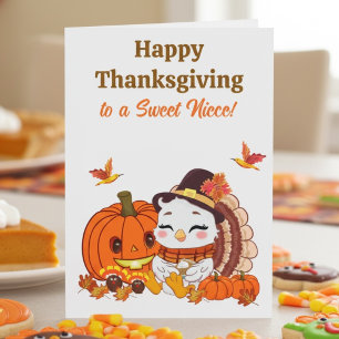 Tarjeta Sobrina bebé pavo y calabaza de Acción de Gracias