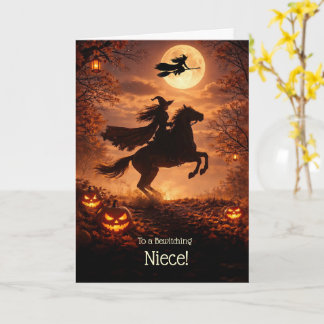Tarjeta Sobrina Brujas de Halloween lindas montando en la