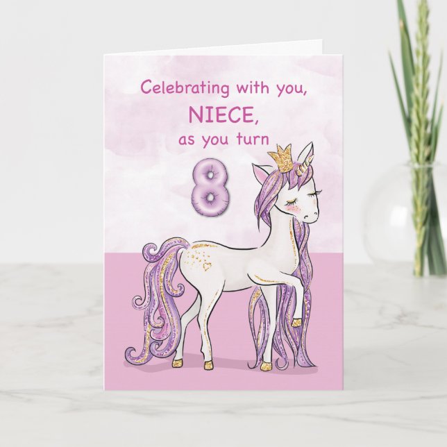 Tarjeta Sobrina Cumpleaños 8 Rosa Caballo Con Corona (Anverso)