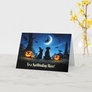 Tarjeta Sobrina Feliz Halloween con gato perro bruja