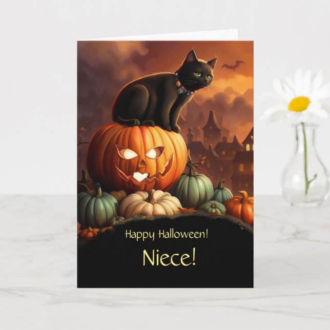 Tarjeta Sobrina Feliz Halloween Gatito Negro y Calabazas  (Planta pequeña)