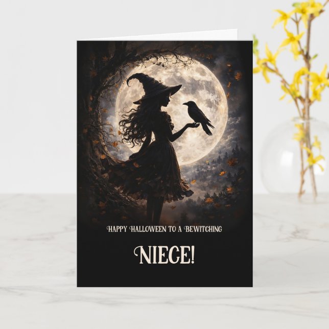 Tarjeta Sobrina Halloween Personalizable con Bruja Encanta (flor amarilla)