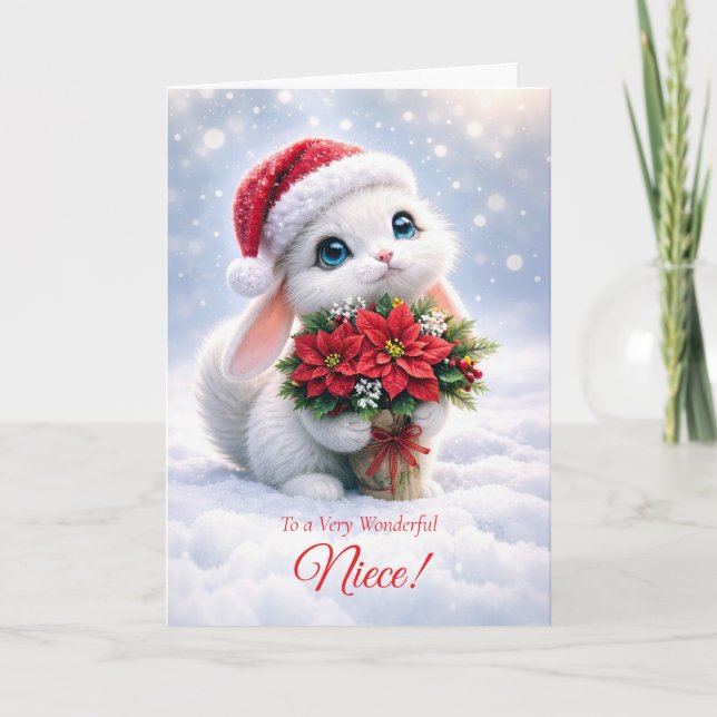Tarjeta Sobrina Lindo Navidad con conejo blanco  (Anverso)