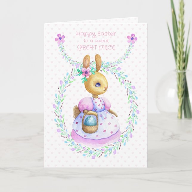 Tarjeta Sobrina nieta Easter Bunny con cesta huevo de colo (Anverso)