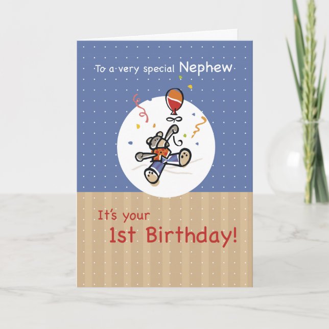 Tarjeta Sobrino 1er cumpleaños con globo de osito de Teddy (Anverso)