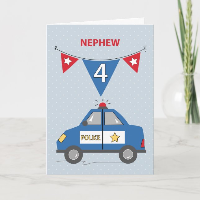 Tarjeta Sobrino 4º cumpleaños Carro de la Policía Azul (Anverso)