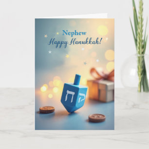 Tarjeta Sobrino Feliz Janucá Dreidel con Luz Suave