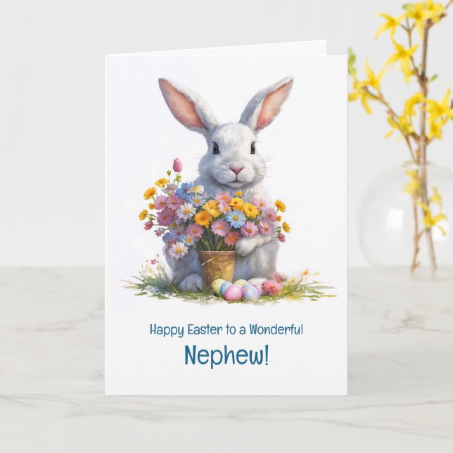 Tarjeta Sobrino Feliz Pascua con conejo lindo  (flor amarilla)