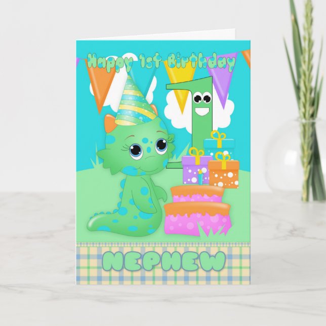 Tarjeta Sobrino Primer Cumpleaños Pequeño Monstruo Con Reg (Anverso)