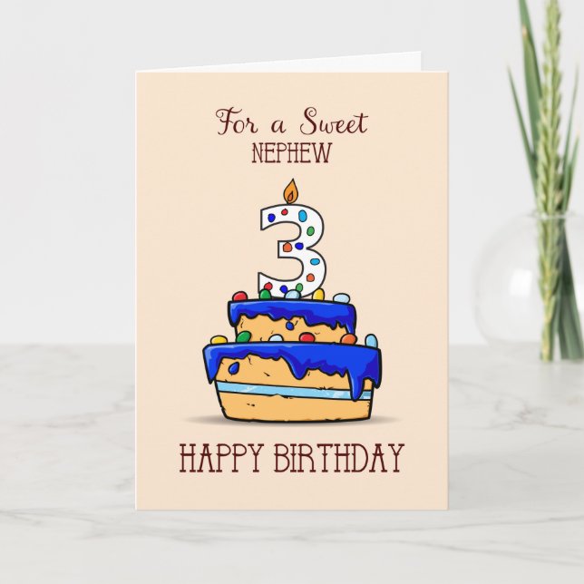 Tarjeta Sobrino tercer cumpleaños, tres en dulce pastel az (Anverso)