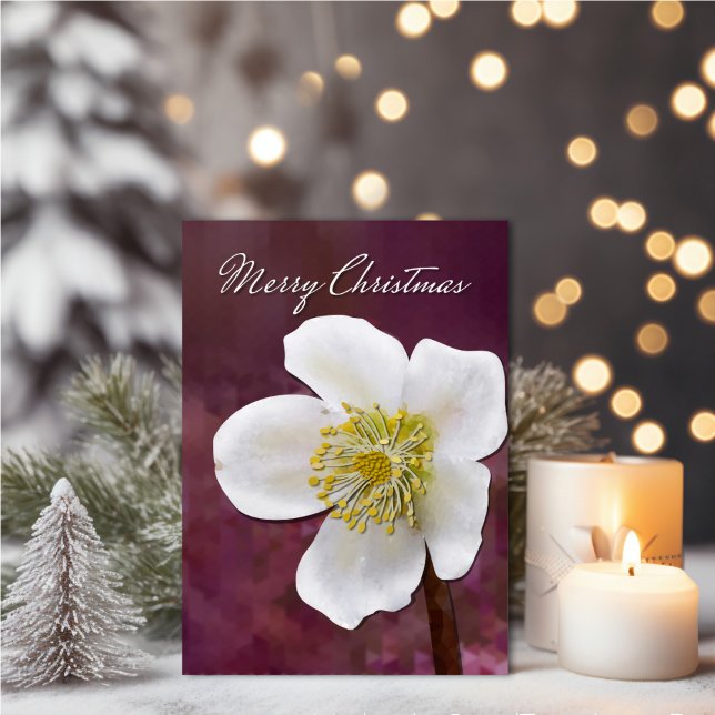 Tarjeta Sofisticada Rosa de Invierno Artística de Alta Def (High-Poly Winter Rose Art Card - Elegant Burgundy Christmas Greeting.)