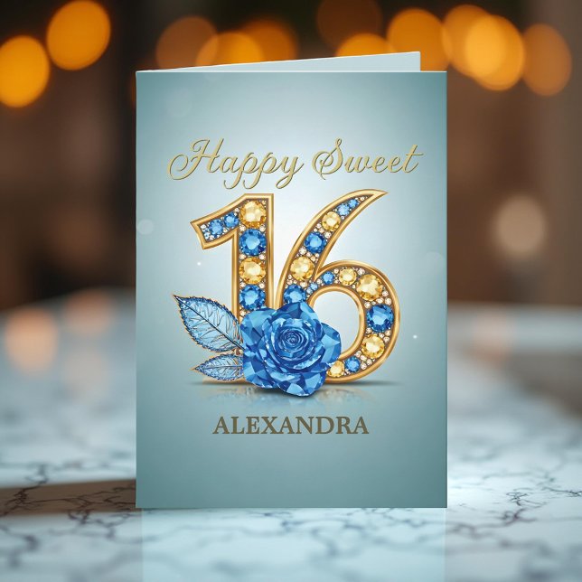 Tarjeta Sofisticado Blue Rosa Gold Gemstone Sweet 16 (Subido por el creador)