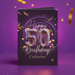 Tarjeta Sofisticado morado y dorado 50 cumpleaños