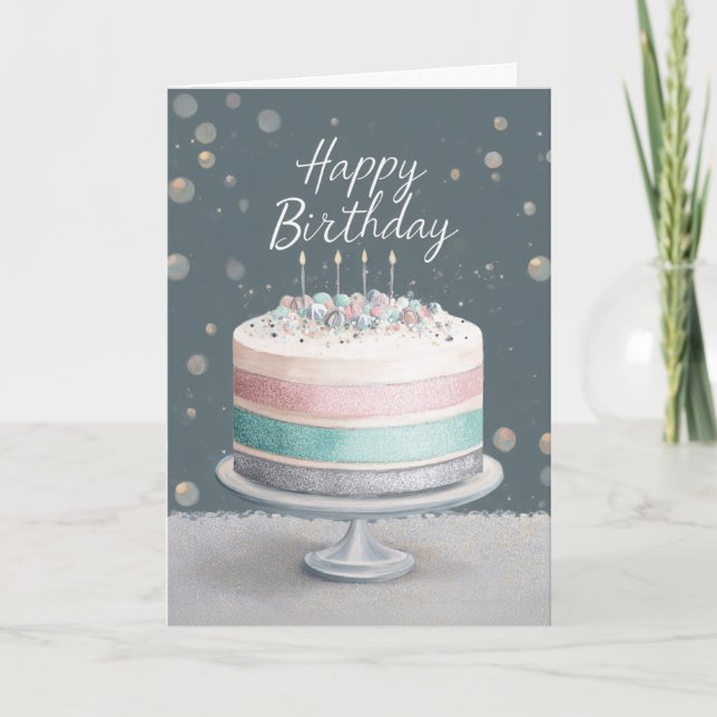 Tarjeta Soft Pastels Pink, Teal & Silver Birthday Cake (Anverso)