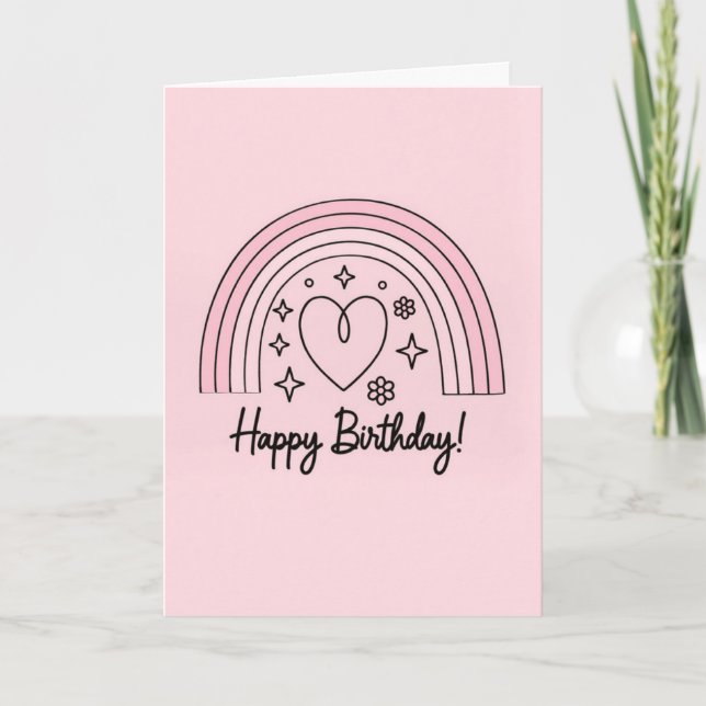 Tarjeta Soft pink minimalist heart with rainbow birthday (Anverso)
