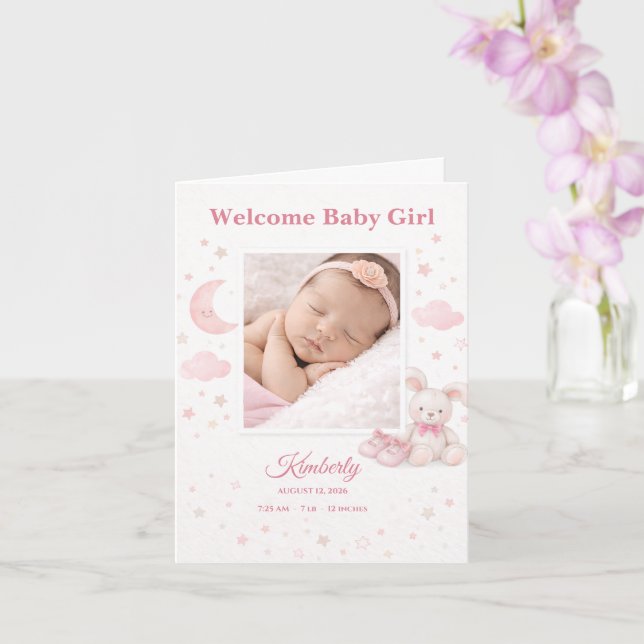 Tarjeta Soft Pink Stars & Moon Baby Birth Announcement (Orquídea)