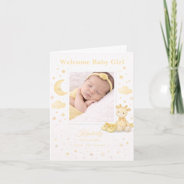 Tarjeta Soft Yellow Elephant Baby Girl Birth Announcement (Anverso)