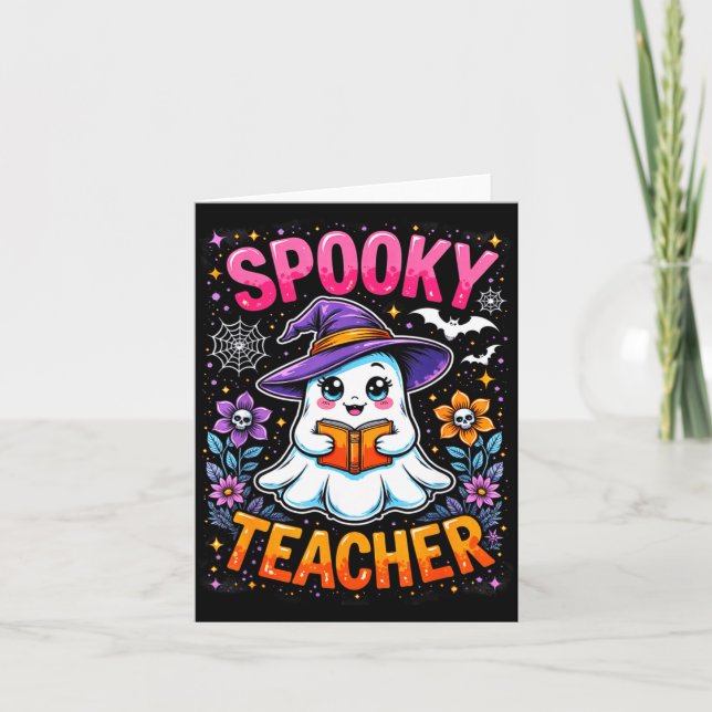 Tarjeta Soky Teacher Cute Ghost Reading Book Funny Hallo  (Anverso)