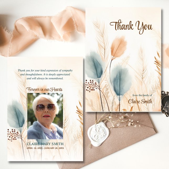 Tarjeta Solidaridad Funeral Pampas Grass Beige Blue FOTO (Sympathy Funeral Pampas Grass Beige Blue PHOTO Thank You Card)