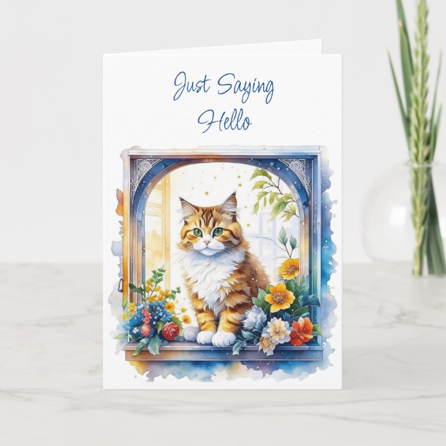 Tarjeta Sólo diciendo hola | Gato en la ventana con flores (Anverso)