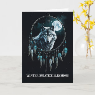 Tarjeta Solsticio de Invierno con Lobo en la Luna del Soña