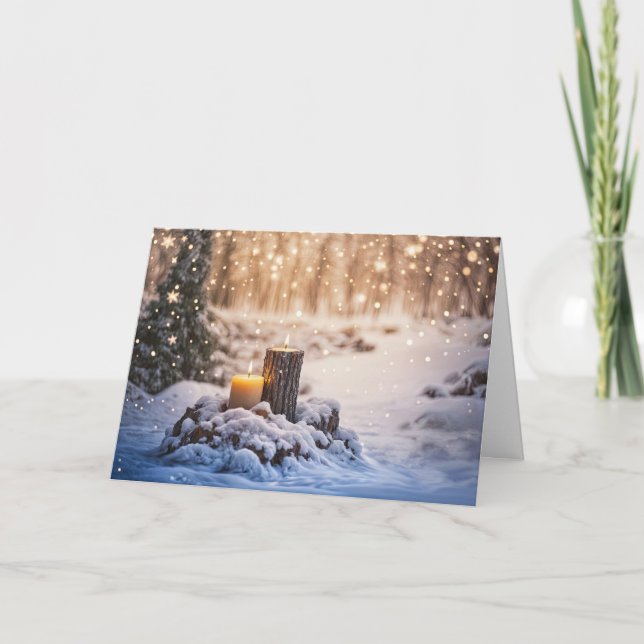 Tarjeta Solsticio de invierno con nieve y velas en los bos (Anverso)