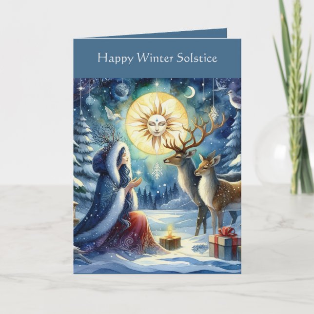 Tarjeta Solsticio de Invierno  Diosa del Bosque y Ciervo (Anverso)