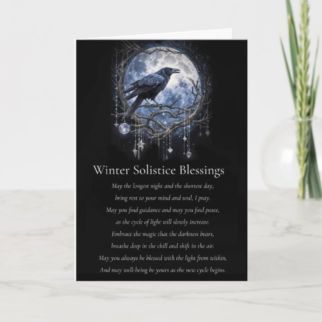 Tarjeta Solsticio de invierno Yule con luna raven y crista (Anverso)