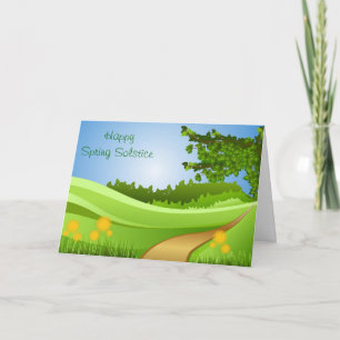 Tarjeta Solsticio de primavera de Ostara con campo y flore