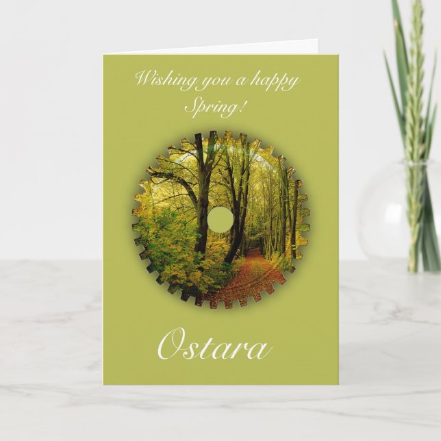 Tarjeta Solsticio de primavera de Ostara con paisaje prima (Anverso)