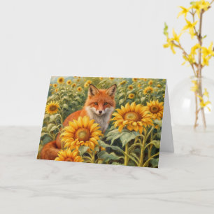 Tarjeta Solsticio de Verano Litha Zorro Rojo y Girasoles