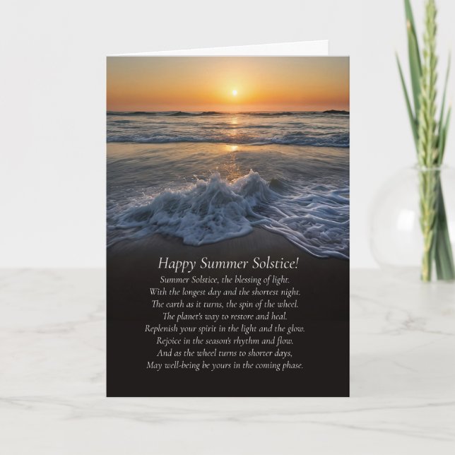 Tarjeta Solsticio de Verano Océano y Playa con Olas Poema (Anverso)